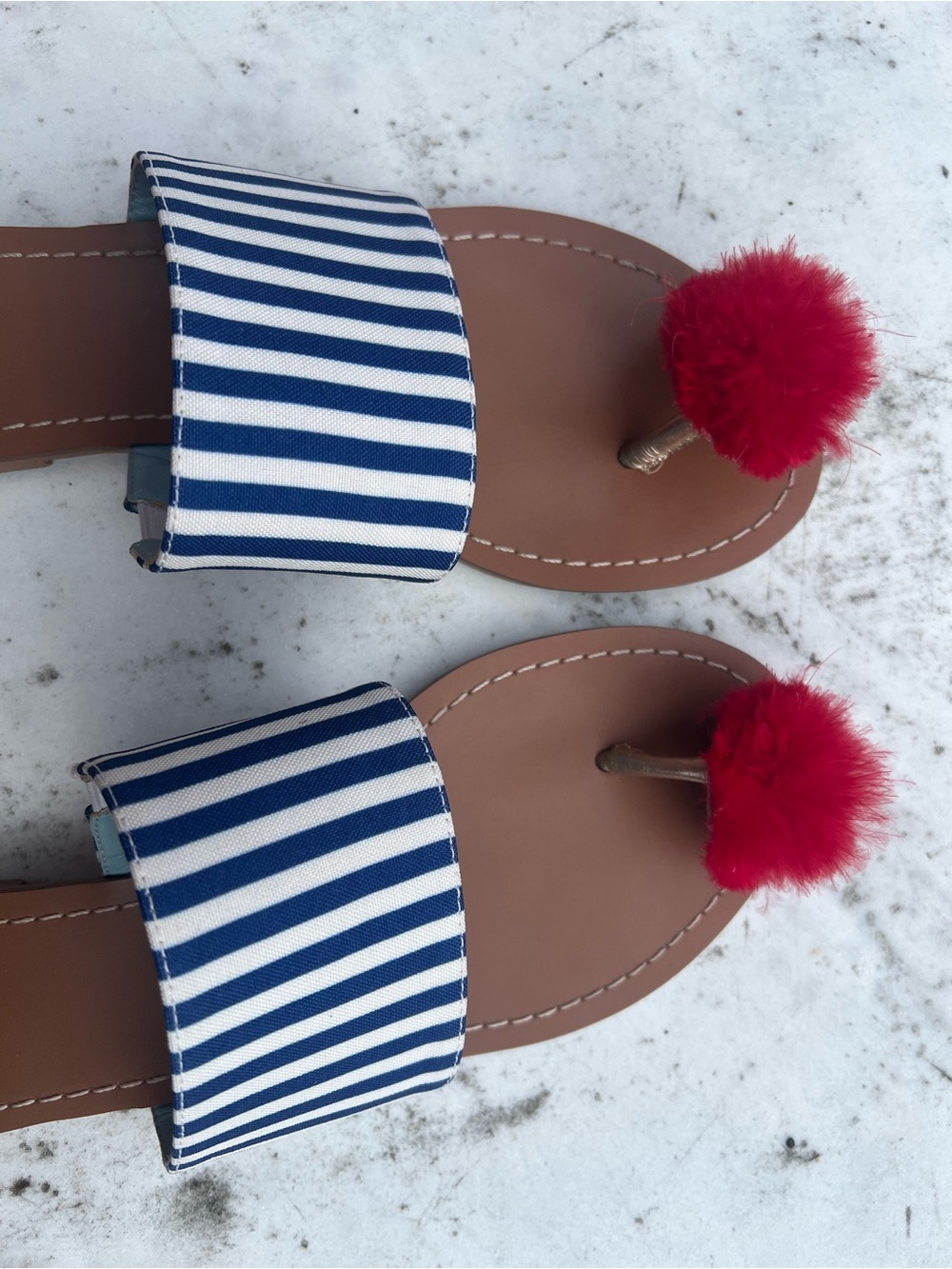 Frances Valentine New York Striped Pom-Pom Slide Sandals Red Navy White Stripes - Picture 4 of 5